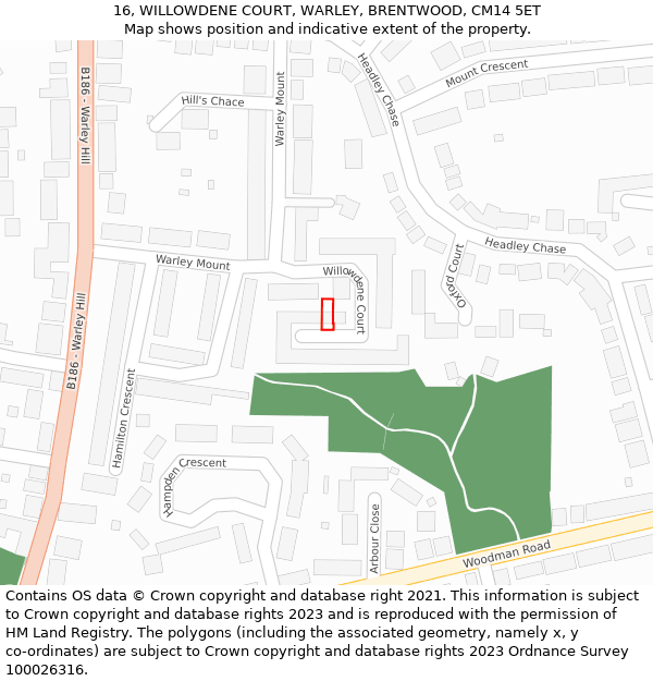 16, WILLOWDENE COURT, WARLEY, BRENTWOOD, CM14 5ET: Location map and indicative extent of plot