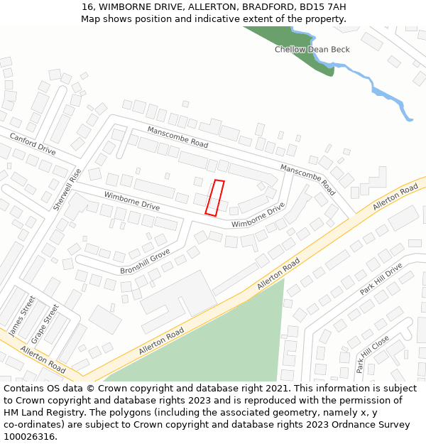 16, WIMBORNE DRIVE, ALLERTON, BRADFORD, BD15 7AH: Location map and indicative extent of plot