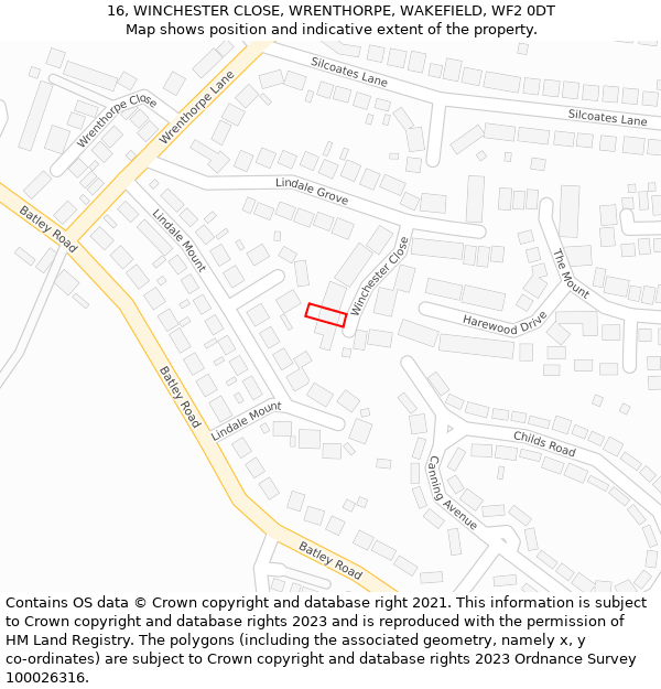 16, WINCHESTER CLOSE, WRENTHORPE, WAKEFIELD, WF2 0DT: Location map and indicative extent of plot