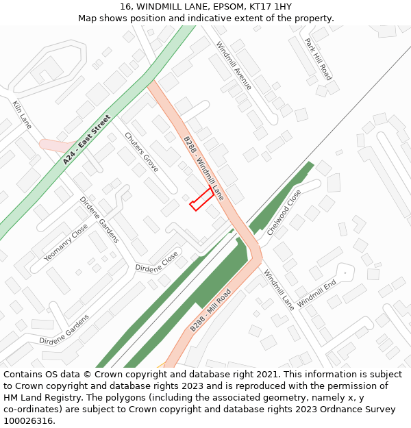 16, WINDMILL LANE, EPSOM, KT17 1HY: Location map and indicative extent of plot