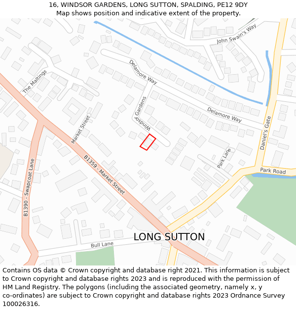 16, WINDSOR GARDENS, LONG SUTTON, SPALDING, PE12 9DY: Location map and indicative extent of plot