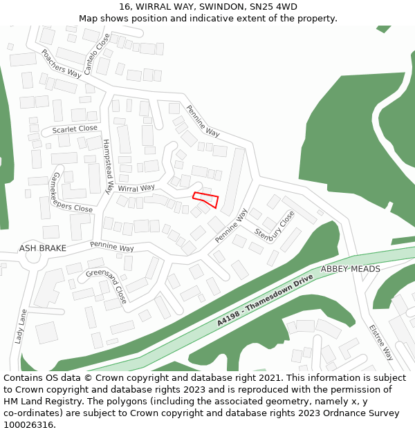 16, WIRRAL WAY, SWINDON, SN25 4WD: Location map and indicative extent of plot
