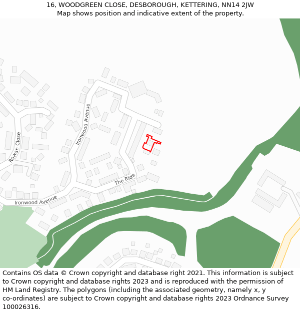16, WOODGREEN CLOSE, DESBOROUGH, KETTERING, NN14 2JW: Location map and indicative extent of plot