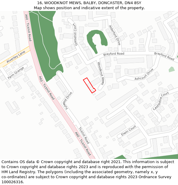 16, WOODKNOT MEWS, BALBY, DONCASTER, DN4 8SY: Location map and indicative extent of plot