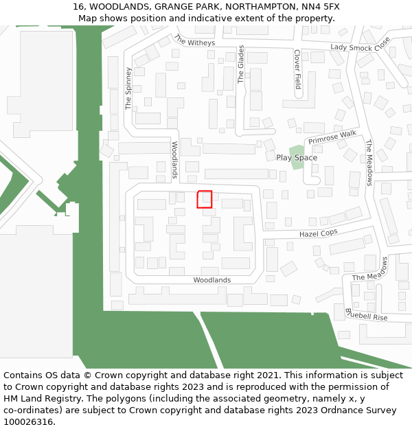 16, WOODLANDS, GRANGE PARK, NORTHAMPTON, NN4 5FX: Location map and indicative extent of plot