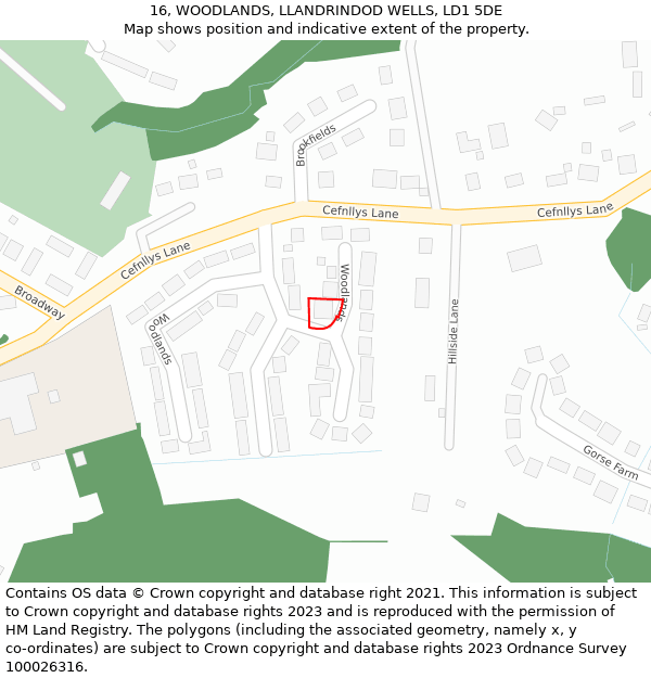 16, WOODLANDS, LLANDRINDOD WELLS, LD1 5DE: Location map and indicative extent of plot