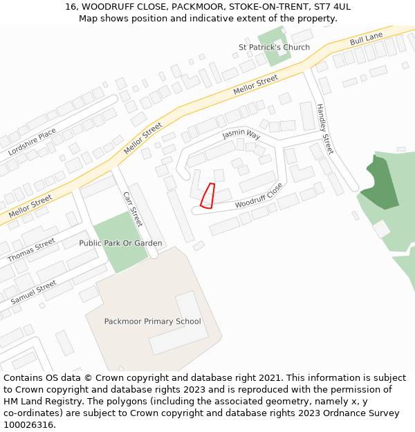 16, WOODRUFF CLOSE, PACKMOOR, STOKE-ON-TRENT, ST7 4UL: Location map and indicative extent of plot