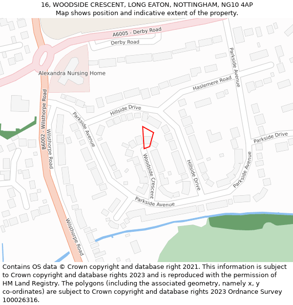 16, WOODSIDE CRESCENT, LONG EATON, NOTTINGHAM, NG10 4AP: Location map and indicative extent of plot