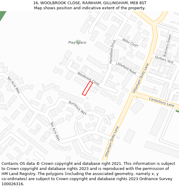 16, WOOLBROOK CLOSE, RAINHAM, GILLINGHAM, ME8 8ST: Location map and indicative extent of plot