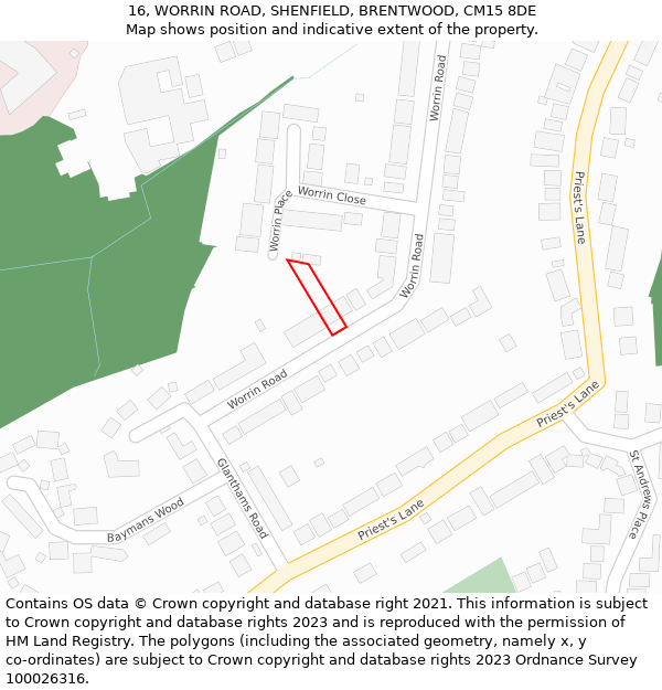 16, WORRIN ROAD, SHENFIELD, BRENTWOOD, CM15 8DE: Location map and indicative extent of plot