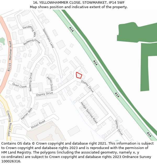 16, YELLOWHAMMER CLOSE, STOWMARKET, IP14 5WF: Location map and indicative extent of plot