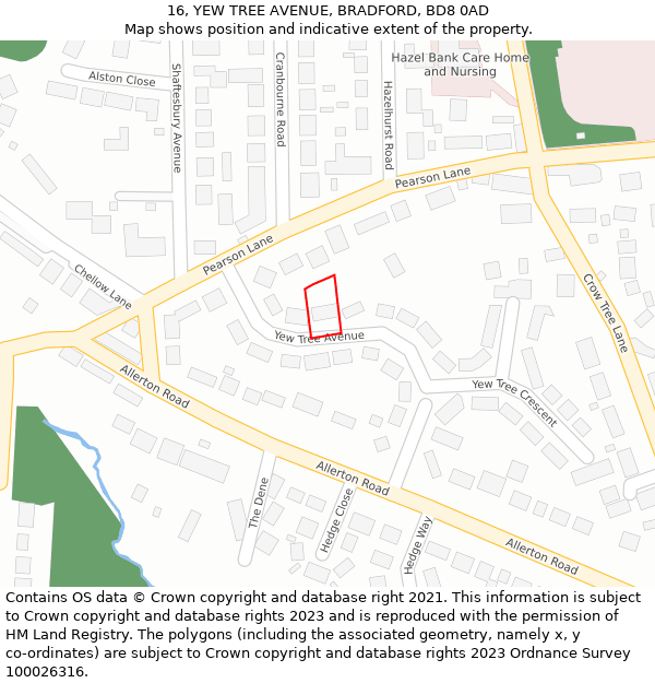 16, YEW TREE AVENUE, BRADFORD, BD8 0AD: Location map and indicative extent of plot