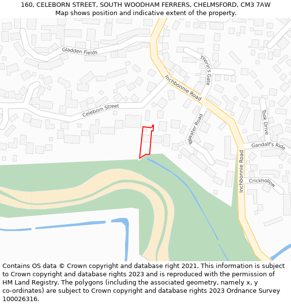 160, CELEBORN STREET, SOUTH WOODHAM FERRERS, CHELMSFORD, CM3 7AW: Location map and indicative extent of plot