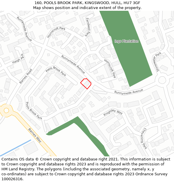 160, POOLS BROOK PARK, KINGSWOOD, HULL, HU7 3GF: Location map and indicative extent of plot