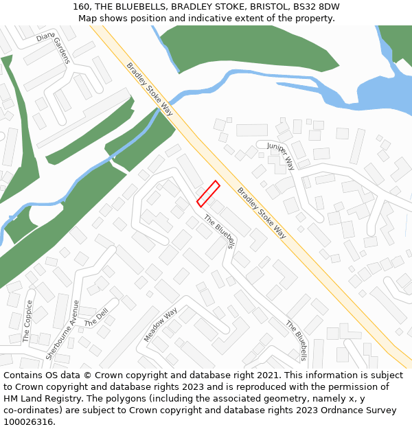 160, THE BLUEBELLS, BRADLEY STOKE, BRISTOL, BS32 8DW: Location map and indicative extent of plot