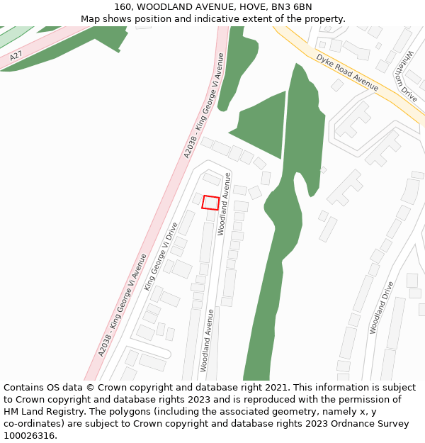 160, WOODLAND AVENUE, HOVE, BN3 6BN: Location map and indicative extent of plot
