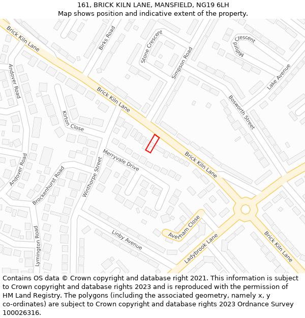 161, BRICK KILN LANE, MANSFIELD, NG19 6LH: Location map and indicative extent of plot