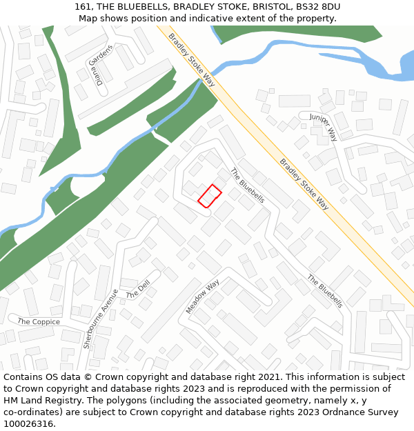 161, THE BLUEBELLS, BRADLEY STOKE, BRISTOL, BS32 8DU: Location map and indicative extent of plot