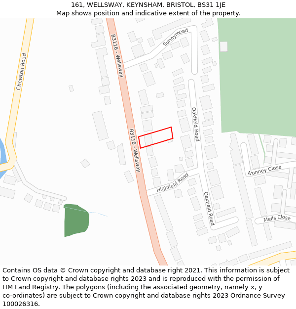 161, WELLSWAY, KEYNSHAM, BRISTOL, BS31 1JE: Location map and indicative extent of plot