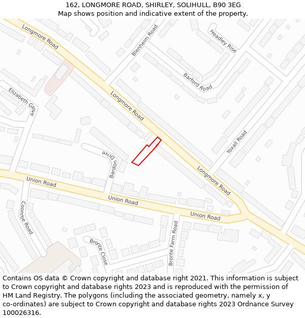 162, LONGMORE ROAD, SHIRLEY, SOLIHULL, B90 3EG: Location map and indicative extent of plot