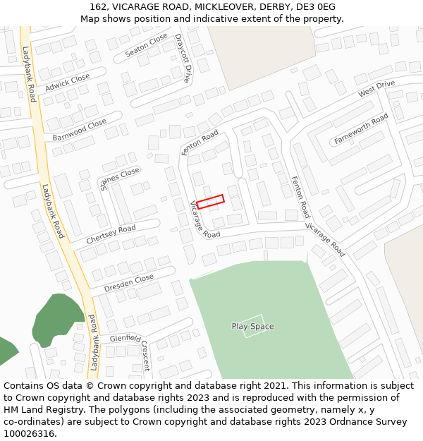 162, VICARAGE ROAD, MICKLEOVER, DERBY, DE3 0EG: Location map and indicative extent of plot