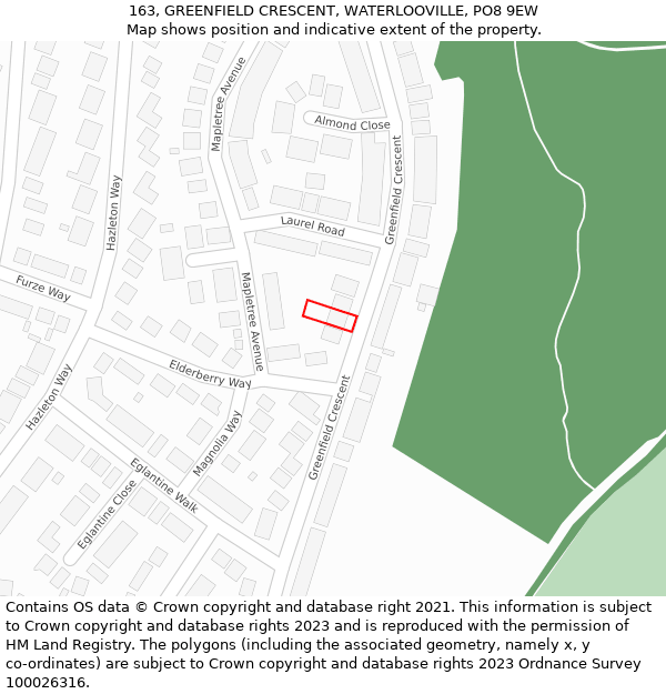 163, GREENFIELD CRESCENT, WATERLOOVILLE, PO8 9EW: Location map and indicative extent of plot