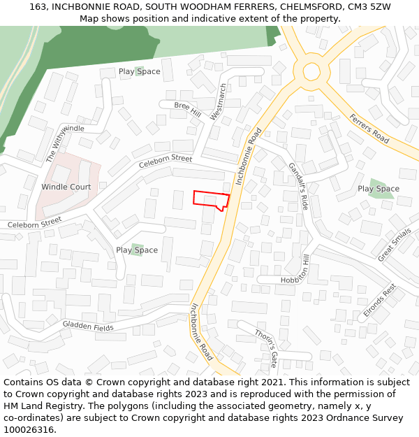 163, INCHBONNIE ROAD, SOUTH WOODHAM FERRERS, CHELMSFORD, CM3 5ZW: Location map and indicative extent of plot