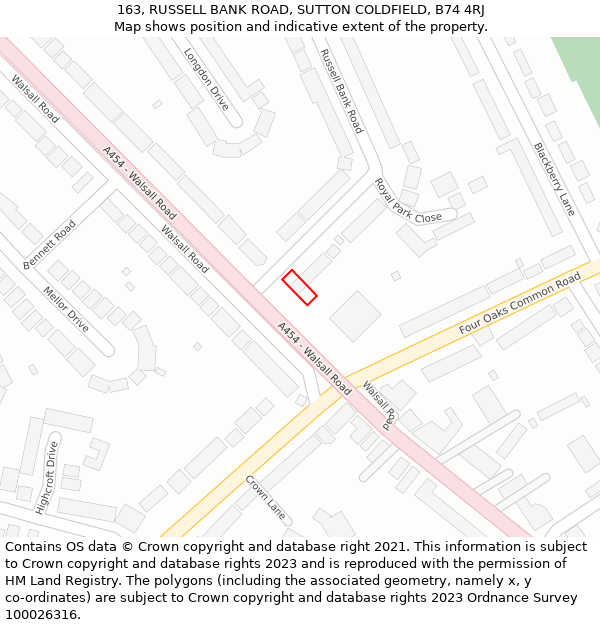 163, RUSSELL BANK ROAD, SUTTON COLDFIELD, B74 4RJ: Location map and indicative extent of plot