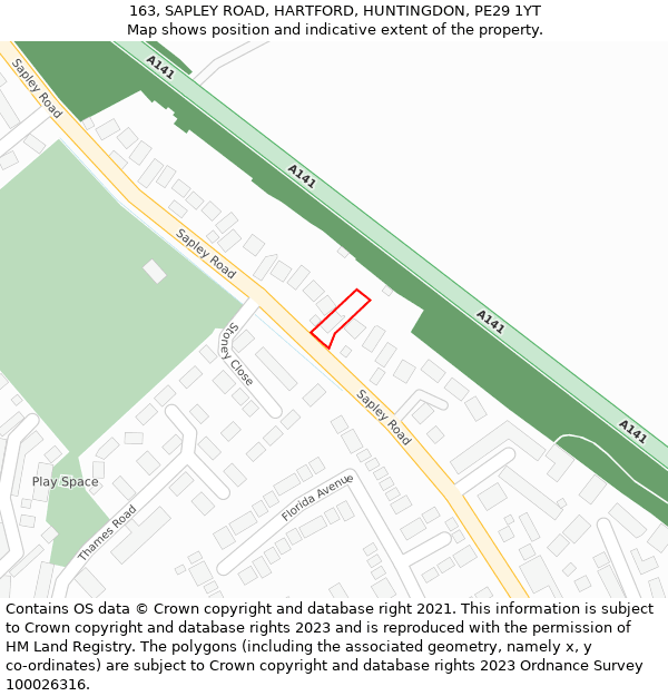 163, SAPLEY ROAD, HARTFORD, HUNTINGDON, PE29 1YT: Location map and indicative extent of plot