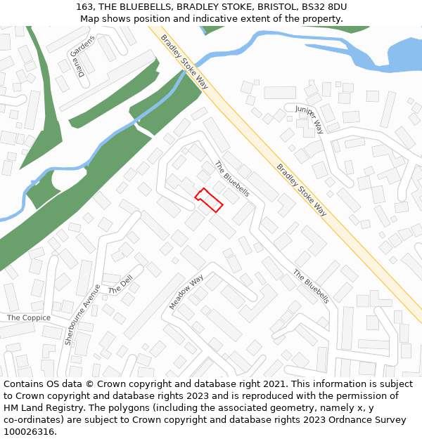 163, THE BLUEBELLS, BRADLEY STOKE, BRISTOL, BS32 8DU: Location map and indicative extent of plot