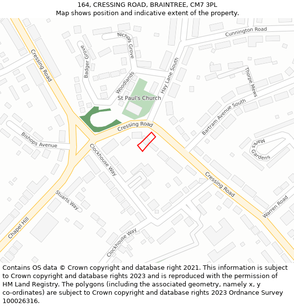 164, CRESSING ROAD, BRAINTREE, CM7 3PL: Location map and indicative extent of plot