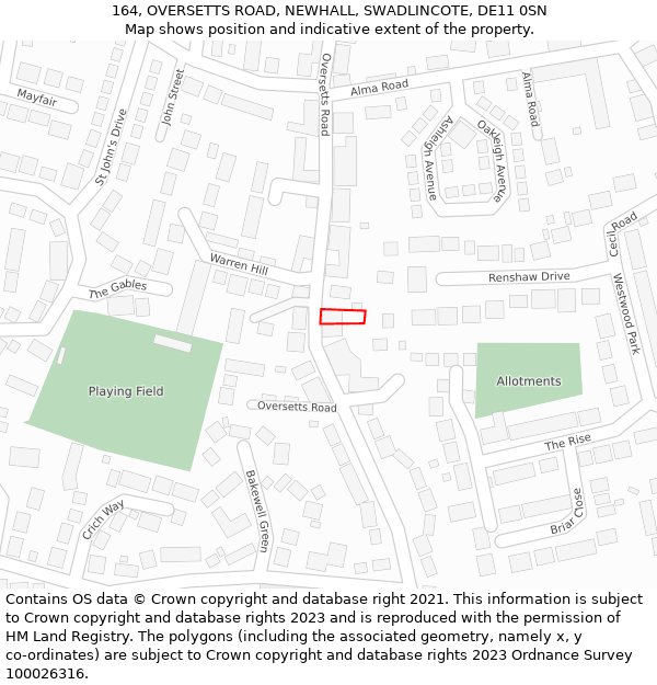 164, OVERSETTS ROAD, NEWHALL, SWADLINCOTE, DE11 0SN: Location map and indicative extent of plot