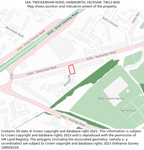 164, TWICKENHAM ROAD, HANWORTH, FELTHAM, TW13 6HD: Location map and indicative extent of plot