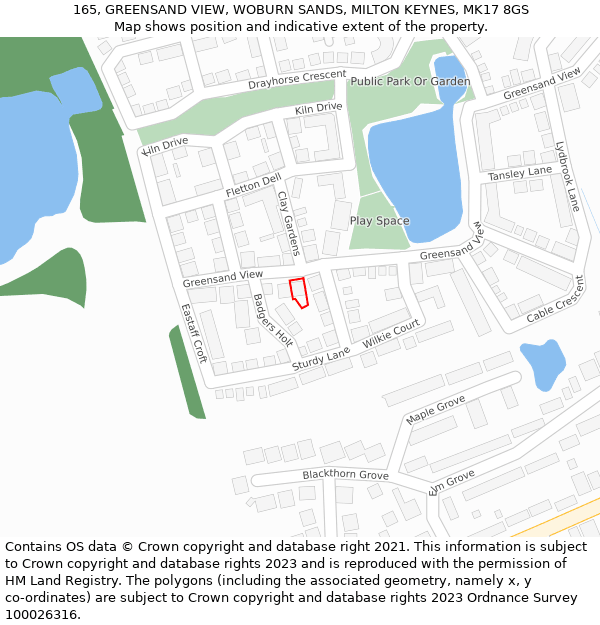 165, GREENSAND VIEW, WOBURN SANDS, MILTON KEYNES, MK17 8GS: Location map and indicative extent of plot