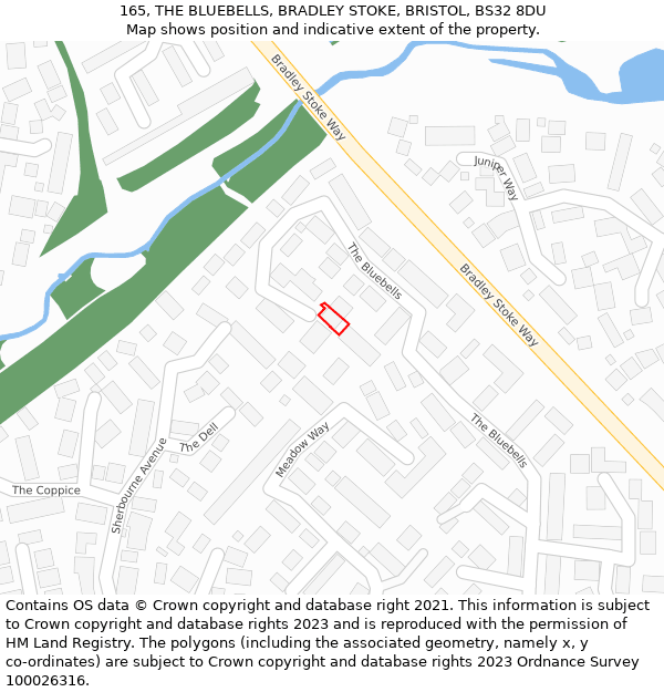 165, THE BLUEBELLS, BRADLEY STOKE, BRISTOL, BS32 8DU: Location map and indicative extent of plot