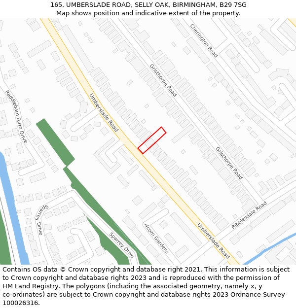 165, UMBERSLADE ROAD, SELLY OAK, BIRMINGHAM, B29 7SG: Location map and indicative extent of plot