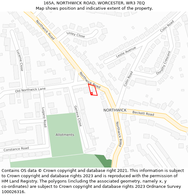 165A, NORTHWICK ROAD, WORCESTER, WR3 7EQ: Location map and indicative extent of plot
