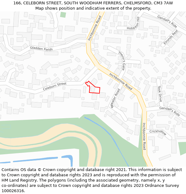 166, CELEBORN STREET, SOUTH WOODHAM FERRERS, CHELMSFORD, CM3 7AW: Location map and indicative extent of plot