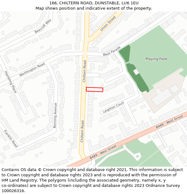 166, CHILTERN ROAD, DUNSTABLE, LU6 1EU: Location map and indicative extent of plot