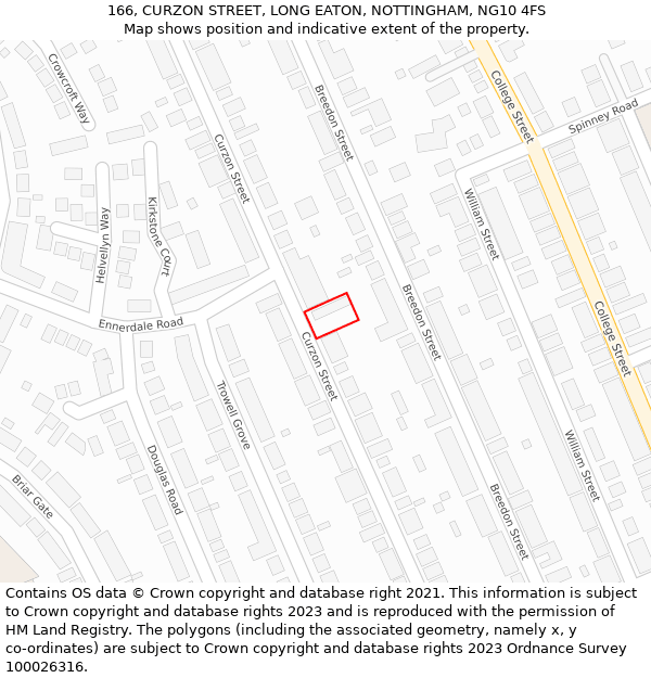 166, CURZON STREET, LONG EATON, NOTTINGHAM, NG10 4FS: Location map and indicative extent of plot