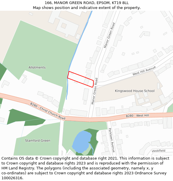 166, MANOR GREEN ROAD, EPSOM, KT19 8LL: Location map and indicative extent of plot