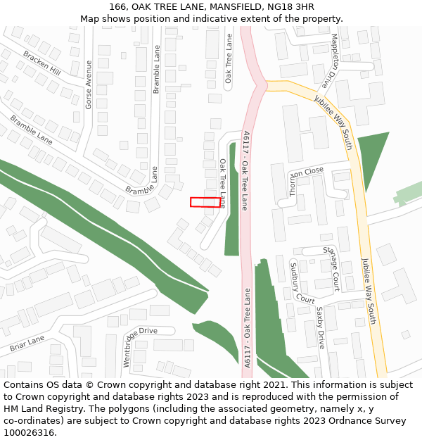 166, OAK TREE LANE, MANSFIELD, NG18 3HR: Location map and indicative extent of plot