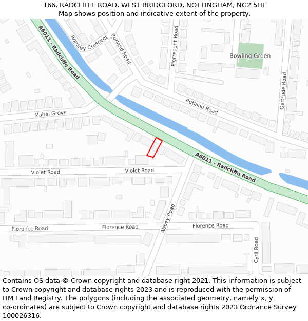 166, RADCLIFFE ROAD, WEST BRIDGFORD, NOTTINGHAM, NG2 5HF: Location map and indicative extent of plot
