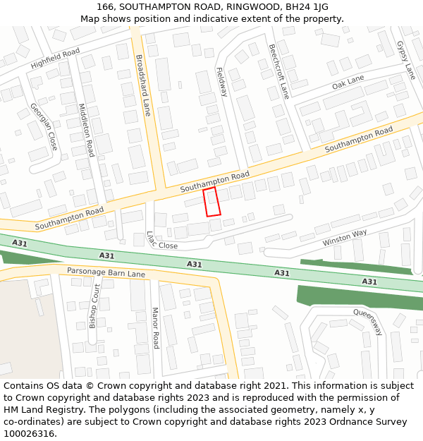 166, SOUTHAMPTON ROAD, RINGWOOD, BH24 1JG: Location map and indicative extent of plot