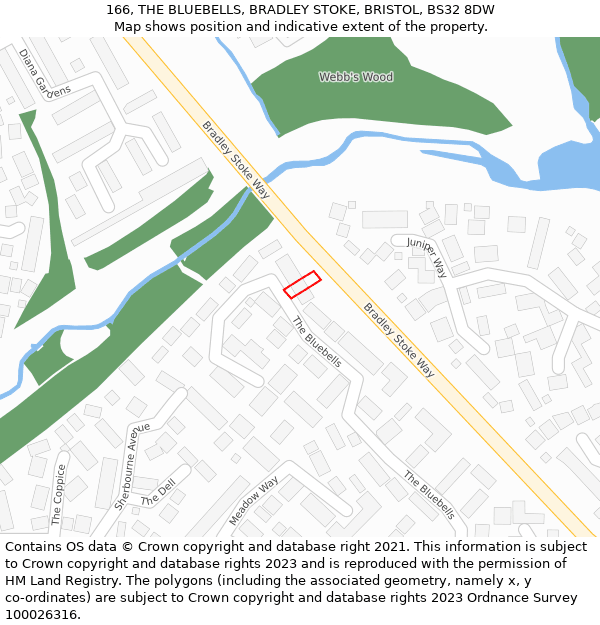 166, THE BLUEBELLS, BRADLEY STOKE, BRISTOL, BS32 8DW: Location map and indicative extent of plot