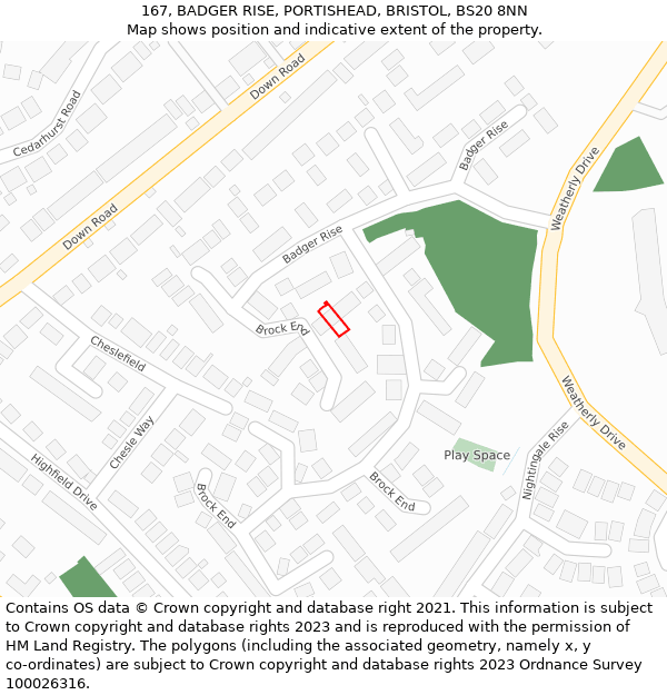 167, BADGER RISE, PORTISHEAD, BRISTOL, BS20 8NN: Location map and indicative extent of plot