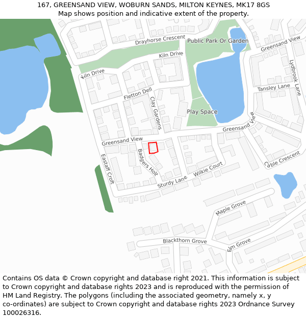 167, GREENSAND VIEW, WOBURN SANDS, MILTON KEYNES, MK17 8GS: Location map and indicative extent of plot