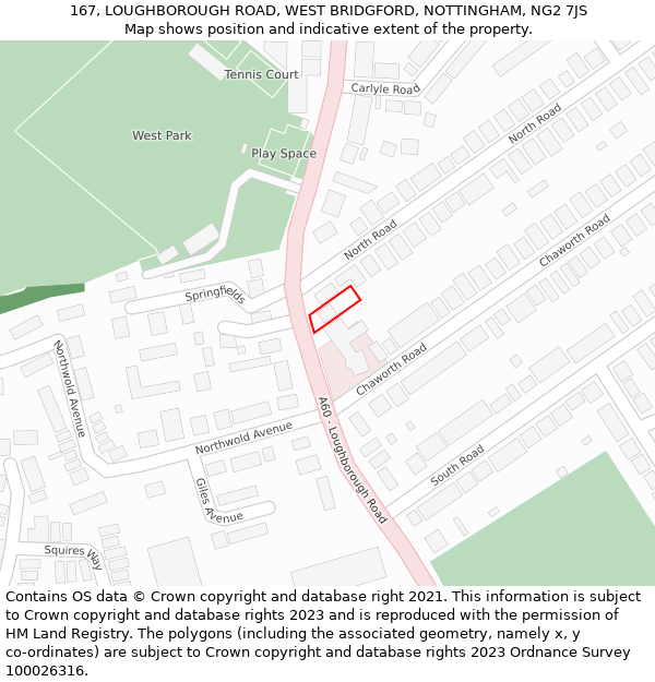167, LOUGHBOROUGH ROAD, WEST BRIDGFORD, NOTTINGHAM, NG2 7JS: Location map and indicative extent of plot