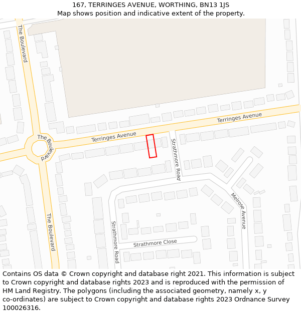 167, TERRINGES AVENUE, WORTHING, BN13 1JS: Location map and indicative extent of plot