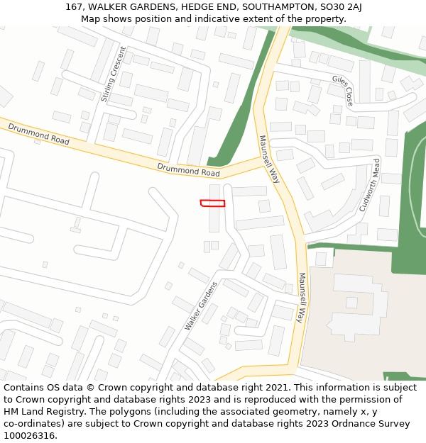 167, WALKER GARDENS, HEDGE END, SOUTHAMPTON, SO30 2AJ: Location map and indicative extent of plot